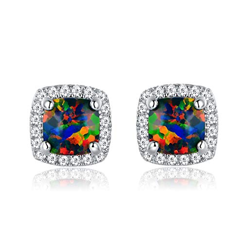 Barzel 18K White Gold Plated Created Black Opal Stud Earrings for Women (White Gold Black Opal)