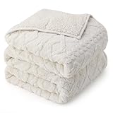 Drewin Weighted Blanket 15lbs Queen Size, Soft and Thick Jacquard Sherpa Heavy Blanket for Calming and Relax, Dual Sided Ultra Soft Fuzzy Throw Blanket with Ceramic Beads, 60 x 80 inches, Cream White