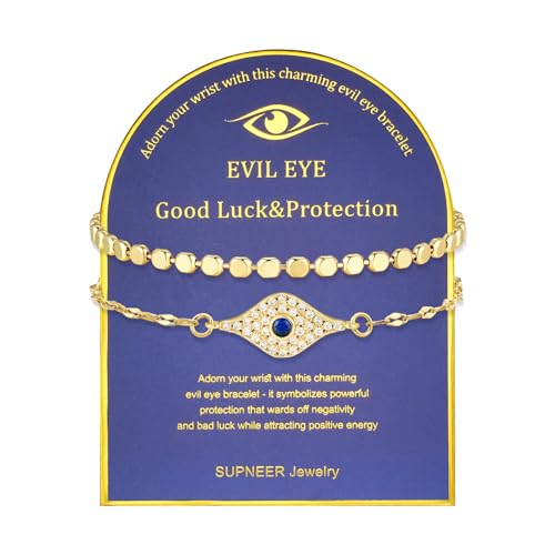 SUPNEER 18K Gold Evil Eye Bracelets for Women 5A Cubic Zirconia Blue Eye | Adjustable Link Bracelets Set, 2Pcs Protection, Jewelry Gift with Card for Mother's Day Christmas - image 1