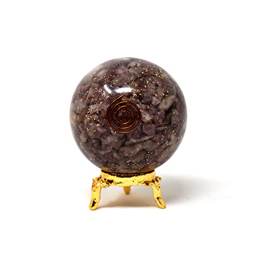 Sphère lépidolite orgone naturelle taillée main 50-60 mm avec son support