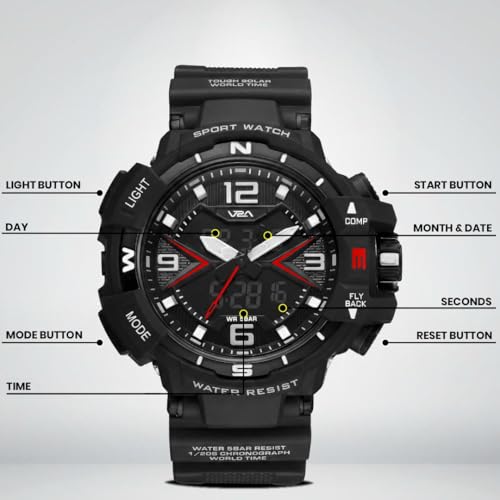 Image of V2A Stryke 50mm Analog Digital Watch for Men | Red X Tactical Dial Design | Alarm Stopwatch Backlight Day Date | Rugged Sports Watch with TPU Strap | 50M Water Resistant | Gift for Mens