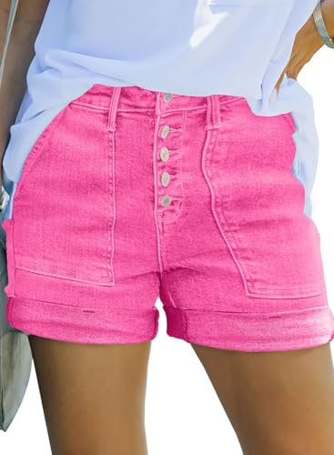Sidefeel Womens Shorts Casual High Waisted Stretchy Buttoned Folded Hem Jean Shorts Hot Pink Size 8