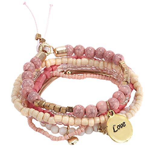 Balakie Women Bohemian Stackable Bead Bracelets Love Pendant Stretch Multilayered Bracelet Set Multicolor Jewelry (Pink)