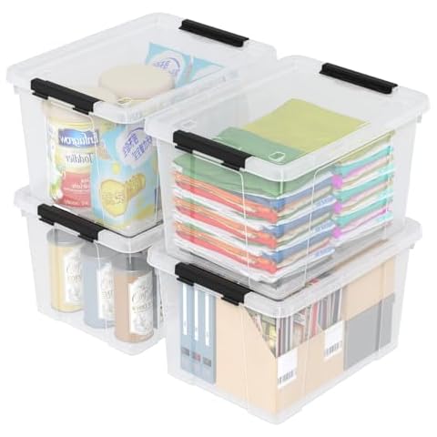 Leendines 4 Pack Plastic Lidded Storage Boxes, 34 Quart Clear Plastic Bins with Wheels Cover