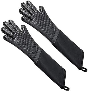 Homegk Extra Silicone Long Oven Gloves Heat Resistant, Non-Slip Cotton Quilted Kitchen Gloves, Oven Mitts For Grilling,Cooking, Baking - Black
