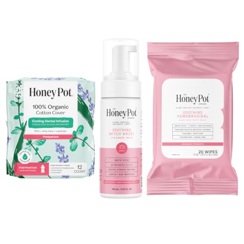 Image of The Honey Pot Company - Postpartum Pads, Wash, & Wipe Bundle - Postpartum Essentials - 12ct Pads, Witch Hazel Feminine Wash, 20ct Witch Hazel Feminine & Hemorrhoid Wipes