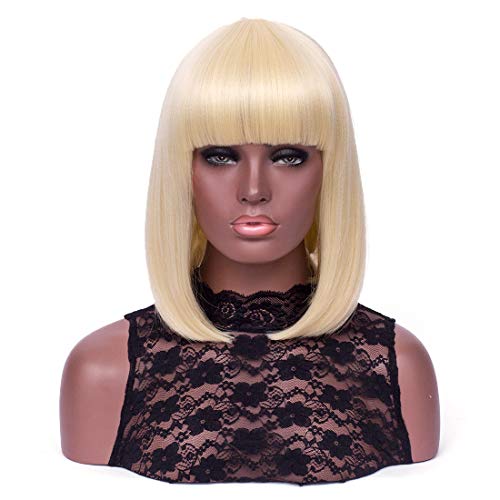 Qaccf Shoulder Length Short Straight Yaki Synthetic Women Bob Full Bang Wig (Blond)