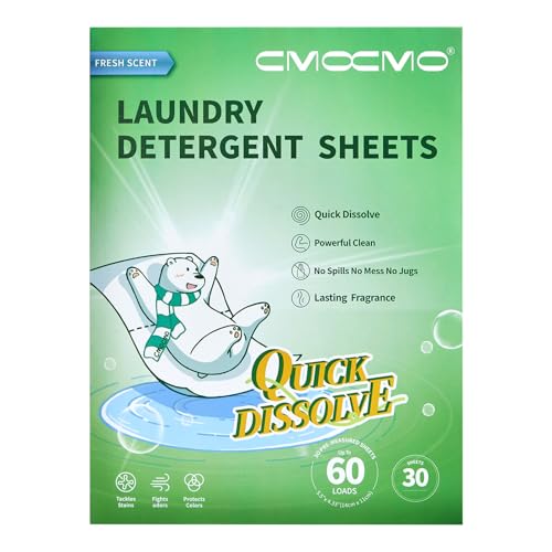 CMOCMO Laundry Detergent Sheets, Ultra Concentrated Rapid-Dissolve Laundry Soap Sheets, Zero Residue, Plant-Based Stain Remover Plastic-Free Laundry Strips, Fresh Scent, 30 Count (Pack of 1)