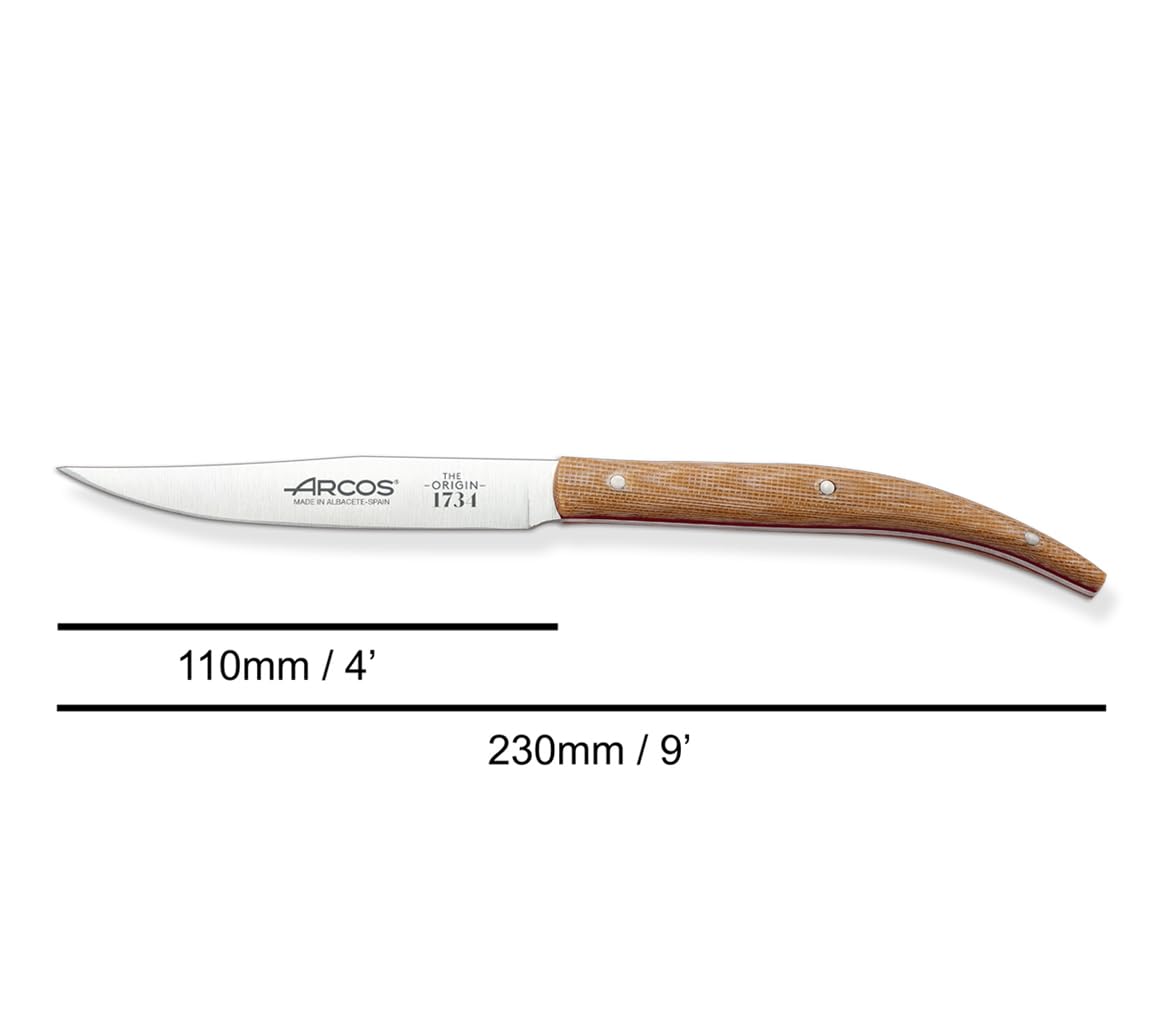 Arcos Serie Cuchillos de Mesa, Juego de Cuchillos de Mesa 4 piezas, Cuchillos Chuleteros, Hoja Filo de Acero Inoxidable Nitrum de 110 mm, Mango Madera Palisandro Color Marrón claro