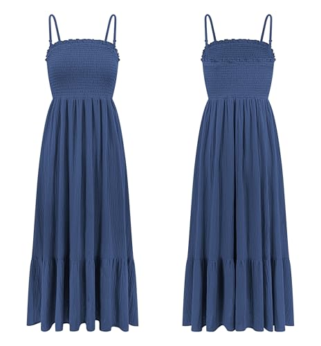 Image of R.Vivimos Womens Summer Boho Cotton Maxi Dress Adjustable Spaghetti Strap Elastic Smocked Casual Ruffle Hem Flowy Beach Dress