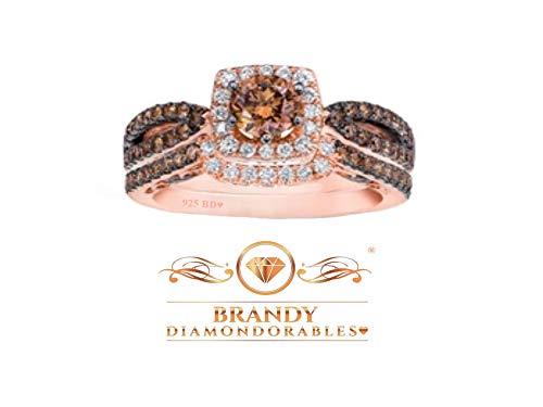 18K Rose Gold Silver Chocolate Brown Solitaire Princess Halo Bridal Love Ring Set 2 Ctw.2