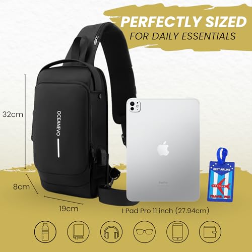 Image of OCEANEVO Stylish Anti Theft Crossbody Sling Bag for Men WITH Luggage Tag, Chest Bag for Travel WITH Lock and USB Charging Port