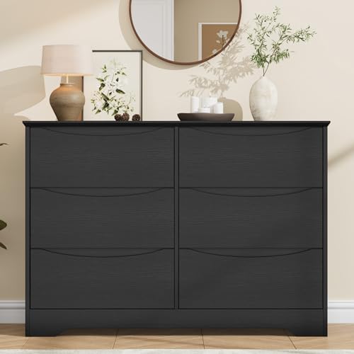 GarveeHome Wooden Dresser with 6 Drawers, Tall Modern Closet with Deep Storage, Large Chest of Drawers with Wide Top, Long Storage Dresser for Bedroom, Living Room, Hallway, Kids Room, Black