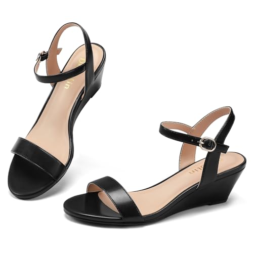 Wide Width Black Low Wedge Sandals for Women 2.3 Inch Low Heel Ankle Strap Open Toe Summer Dress Evening Party Office Shoes, US Size 103