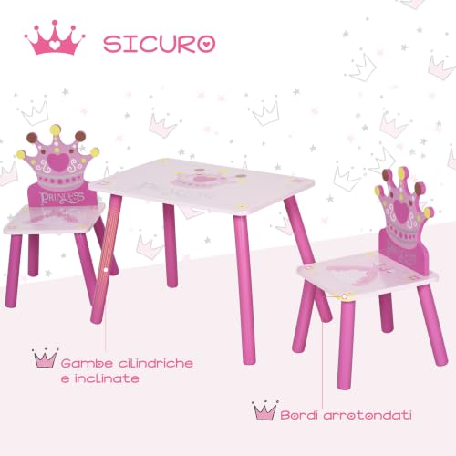 Miniatura 5 de Homcom Juego De Mesa Y 2 Sillas Infantiles De Madera Set De Mesa De Escritorio 55x34x42 Cm Y Sillas 28x26x50 Cm Para Niños 2-4 Años Para Salas De Juego Dormitorio De Niño Rosa