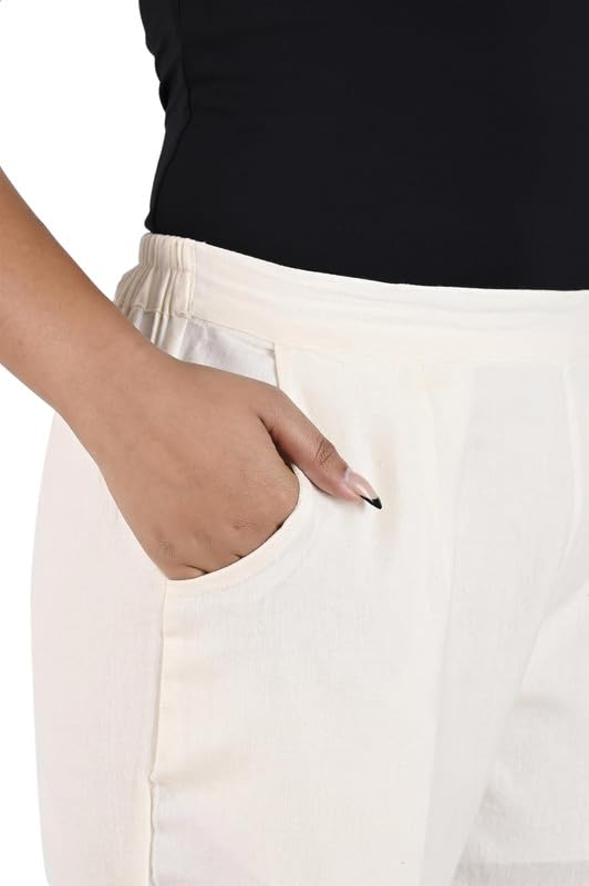 Image of Women's Solid Straight Fit 100% Cotton Trousers | High Waist, Side Pockets, Ankle Length Pants for Office, Casual