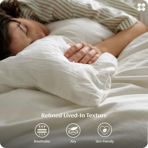 Image of Bedsure PureWoven 100% Washed Cotton Duvet Cover Set, Full Size, 3-PC | Linen Like Texture, Percale Breathable Bedding Set for All Seasons, Zipper Closure, 8 Corner Ties, Ivory, 80 inch x 90 inch