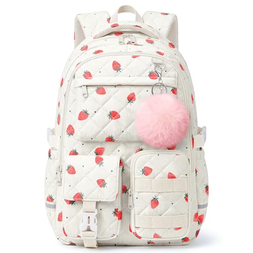 shiprabags Quilted Backpack for Teen Girls Cute Strawberry School Backpack with Multi-Pocket Design Lightweight Cotton Bookbag Fits 15.6 Laptop Large Capacity Aesthetic Backpack with Plush Charm
