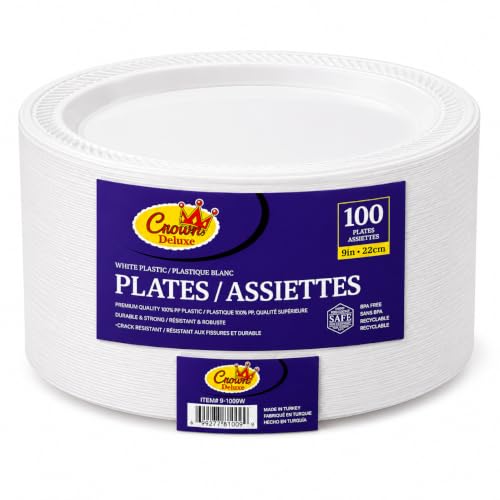 Crown Deluxe Assiettes Plastique Blanc Poids Lourd 9 Pouce 100 Unités