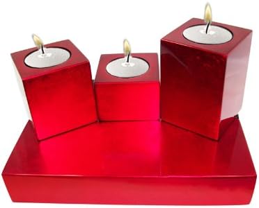 Metallic red- set of decorative wooden lacquer cube shapped tea-light candleholders. Tallest cube is 3.9"