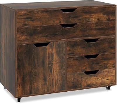 HOMGX 5 Drawer File Cabinet, Rolling Mobile Lateral Storage Cabinet with Lockable Wheels & Storage Compartment, 220LBS Heavy Duty Printer Stand Organizer for Home Office Craft Room Rust Brown