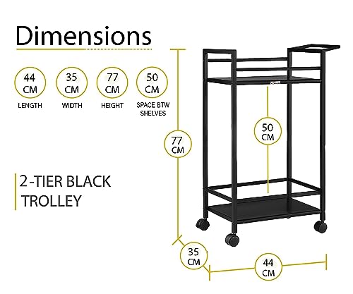 Image of WINSTAR Metal Rolling Trolley with Lockable Wheels | Heavy Duty Multifunctional Metal Frame Cart | Ideal for Home, Kitchen, Bathroom and Office Storage | (Black, 2-Tier)
