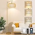 ZECOXOL Gold Floor Lamp for Living Room with 3 Color Temperatures,Arc Boho Floor Lamps with Remote Control, Rattan Standing Lamp with Wicker Lamp Shades Dimmable Tall Floor Lamp for Bedroom Corner