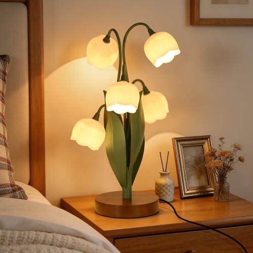 Flower Table Lamp for Bedroom Cute Flower Reading Light with 5 White Lily of The Valley Desk Lamp Bedside Lamps for Nightstands Home Decor Soft Reading Night Light for Bedroom Living Room Office