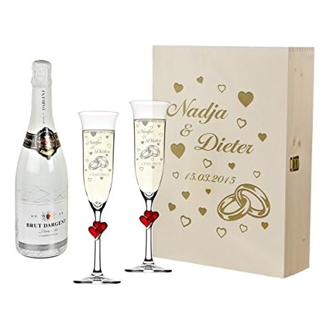 polar-effekt Copas de Champán con Corazones Rojos y Botella de Champán en Caja de Regalo Cover