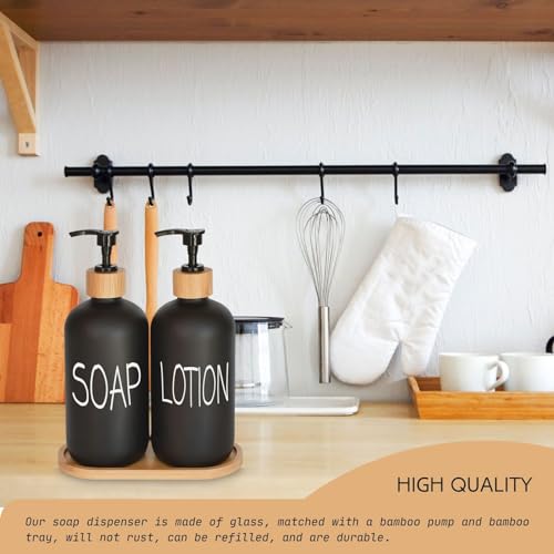 Image of Black Soap Dispenser Bathroom Set, Set with Glass Dispenser, Bamboo Pumps & Tray. Hand and Lotion Suitable for Farmhouse Decor