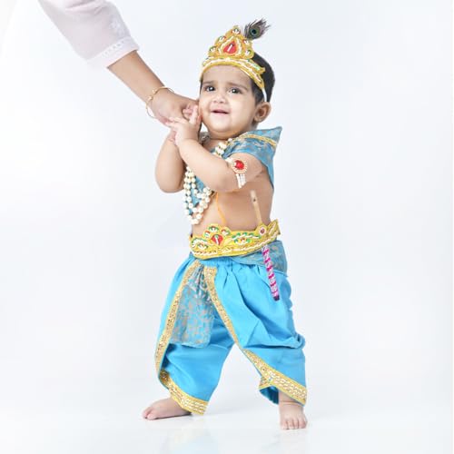 Image of ITSMYCOSTUME Krishna Dress for Baby Boy Kids Set of 10(Dhoti,Hip Cover,Patka,Mukut,Morpankh,Bansuri,Kamarband,Bajuband,Kundal) Little Krishna Ji Kanha Janmasthmi Costume
