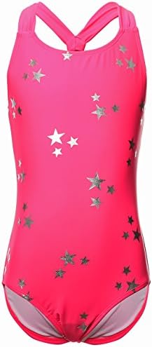 BELLOO Girls One Piece Swimsuits with Star Printing,Rose,L(8-11 Years)
