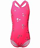 BELLOO Girls One Piece Swimsuits with Star Printing,Rose,L(8-11 Years)