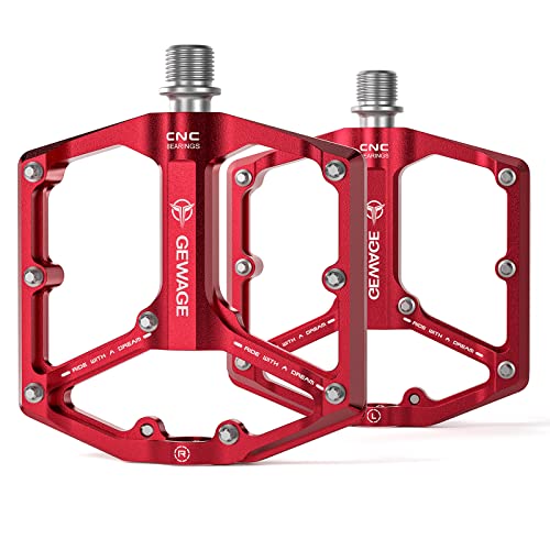 Road/Mountain Bike Pedals - 3 Bearings Bicycle Pedals - 9/16” CNC Machined Flat Pedals with Removable Anti-Skid Nails (Red) by GEWAGE - Used condition - CA$27.80