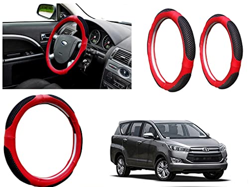 Image of Microfiber Car Steering Wheel Cover, Soft Padding Great Hand Feel, Anti-Slip, Faux Leather Steering Cover for Toyota Innova Crysta 2016 | Black Red Jali - Pack of 1