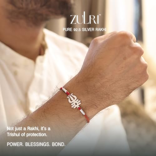 Image of 925 Sterling Silver Trishul Couple Rakhi for Bhai Bhabhi (Lumba) Cotton Thread | Rakshabandhan Rakhi With Greeting Card & Roli Chawal and Certificate of Authenticity 925 Silver