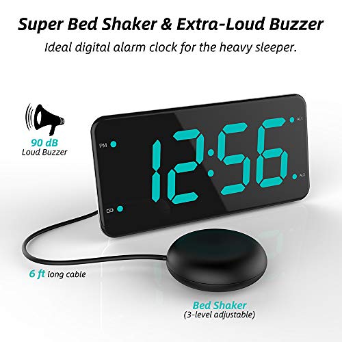 Extra Loud Alarm Clock with Bed Shaker, Vibrating Alarm Clock for Heavy Sleepers, Deaf and Hard of Hearing, Dual Alarm Clock with USB Charger, 7-Inch Display, Full Range Dimmer, Battery Backup - Green