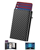 Mens Wallet Card Holder - Pop Up Aluminum Case, Flexible Carbon Fiber Leather, Smart Wallet for Men, RFID Blocking, Slim, Minimalist, Front Pocket - 9-14 Card Capacity | ID Window | Cash Slot