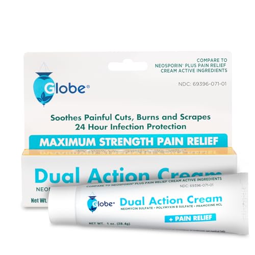 Globe First Aid Antibiotic Cream with Neomycin, Polymyxin B, Pramoxine, Soothes Painful Cuts, Burns and Scrapes, 24 Hour Infection Protection (1 Tube)