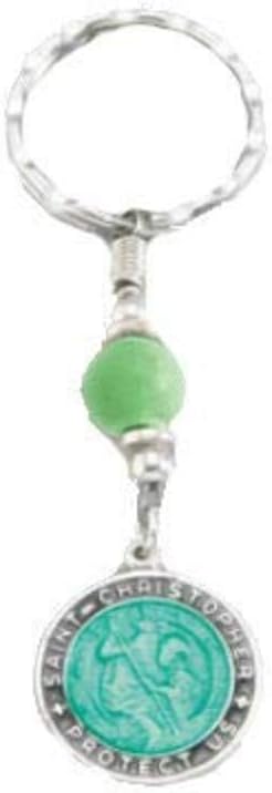 St. Christopher Medal Keychain with Petroglyph Surfer On Back, Green