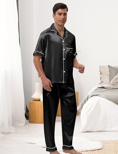 MORFORU Mens Satin Pajamas Set 2 Pcs Short Sleeve Button Down Silky Pajamas for Men Pjs Set Sleepwear with Sleep Mask4