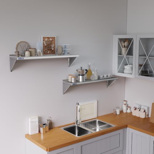 Image of HARDURA 2 Pack Stainless Steel Shelf 12 inch X 48 inch, 200Lb Commercial Wall Mount Metal Shelving with Backsplash and Brackets for Kitchen, Restaurant, Laundry Room and Home