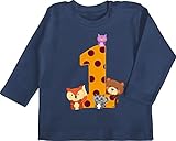 Baby Langarmshirt Baby Shirt Langarm - 1. Geburtstag - Eins Waldtiere - 12/18 Monate - Navy Blau - Geburtstag Baby 1 Jahr - BZ11