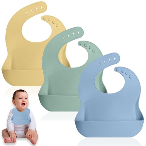 Bluet B - Waterproof Silicone Bibs for Babies and Toddlers, Soft, Adjustable and Portable - Set of 3, BPA Free, Dishwasher Safe, Foldable Travel Bibs with Deep Food Catcher Pocket
