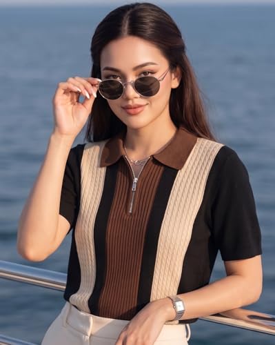 Image of AUSK Women's Casual Summer Polo Knit T-Shirt | Zip Collar Top | Half Sleeves | Ribbed Panel Design | Lightweight Comfort | Regular Fit