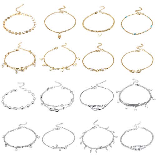 Finrezio 16Pcs Anklets for Women Silver Gold Ankle Bracelets Set Boho Layered Beach Adjustable Chain Anklet Foot Jewelry