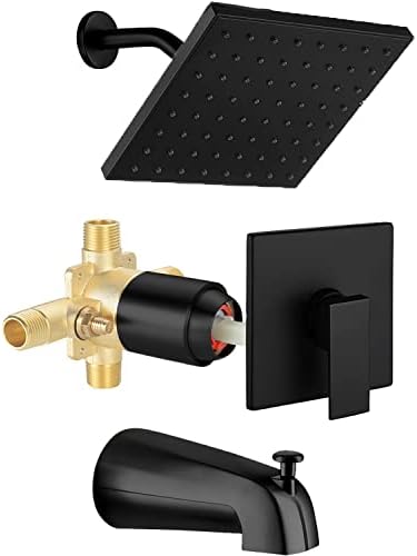 SUNZOE Shower Faucet Set with Tub Spout Matte Black Anti-Scald Pressure Balanced Bathtub Shower Faucet Set 8 Inch Shower Head Wall Mounted Rainfall Shower System Rough-in Valve Body Included