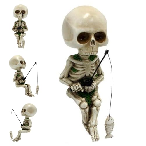 Occzin Accesorios de jardín de esqueleto de pesca, mini figuras de esqueleto, decoración para entusiastas de la pesca, regalo, estanque, fuente, cascadas, lado de la piscina, gótico, hogar, oficina,