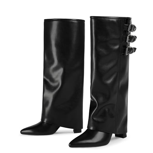 Image of Knee High Boots Women Fold Over Boots Chunky Heel Pointed Toe Tall Boots | Fashion Slouchy Boots,Side Zipper Shark Boots,Fall Spring Winter Fashion Dress Tall Boots,Evening Bridal office Long Boots