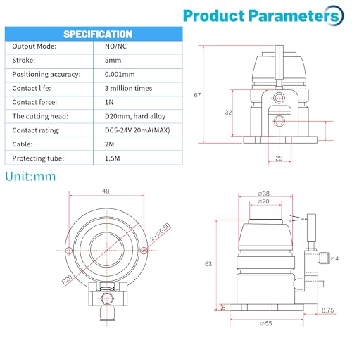 RATTMMOTOR IP65 Blue CNC Router Automatic Tool Sensor Gauge Stroke 5mm, Mach3 CNC Z Axis Probe Tool Touch Setter Changer 0.005mm Accuracy for CNC Engraver Machine (Normally Closed) - Thumbnail 7